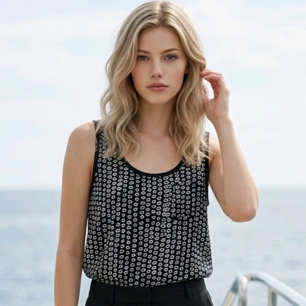LOFT Ooh La La Twist Trim Tank Black Tan Circle Dots Sleeveless Top Small Tee